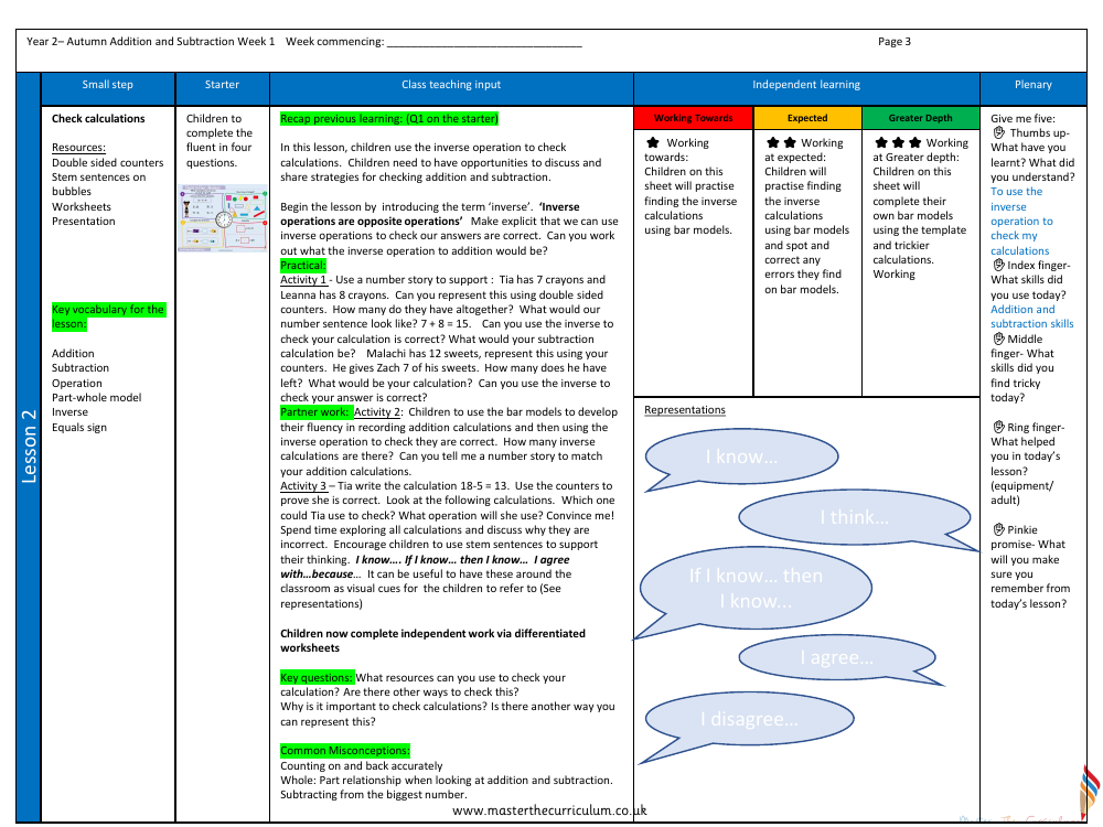 Addition and subtraction - Check calculation - Planning