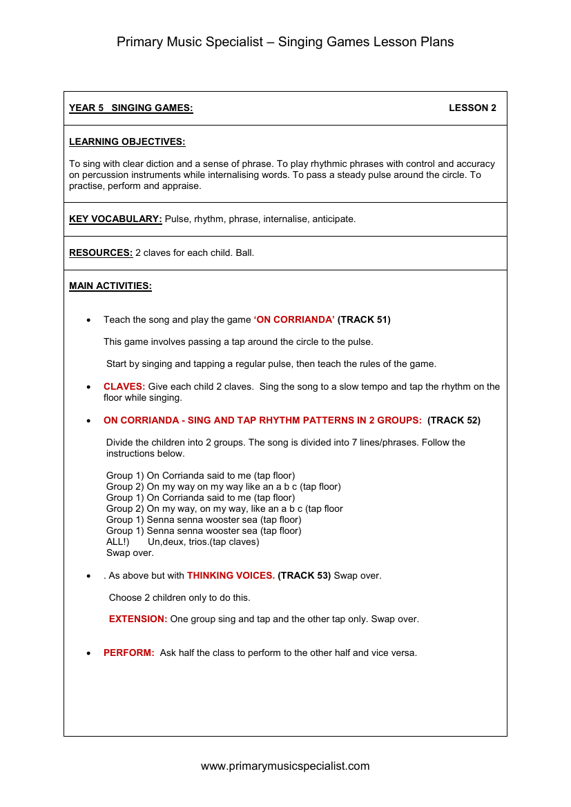 Singing Games Lesson Plan - Year 5 Lesson 2