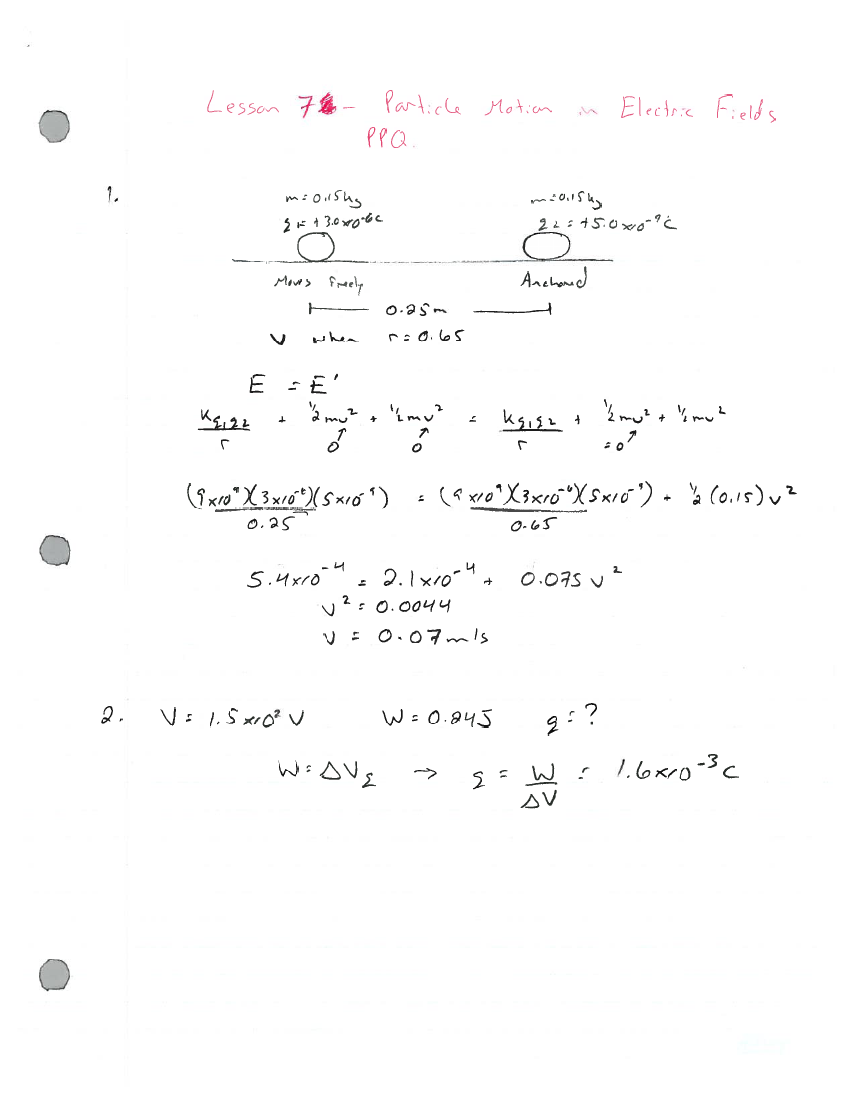 Particle Motion in Electric Fields - Lesson Answers