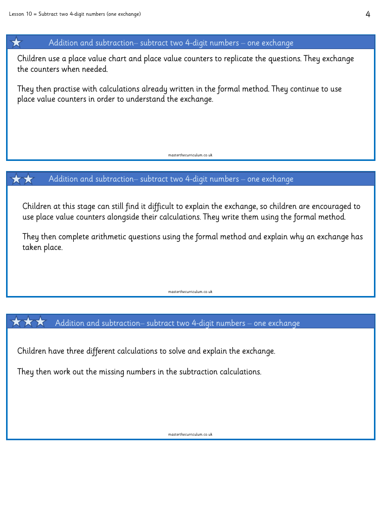 Addition and Subtraction - Subtract  four digit numbers (one exchange) - Worksheet