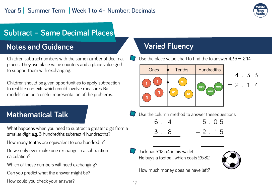Subtract - Same Decimal Places: Varied Fluency
