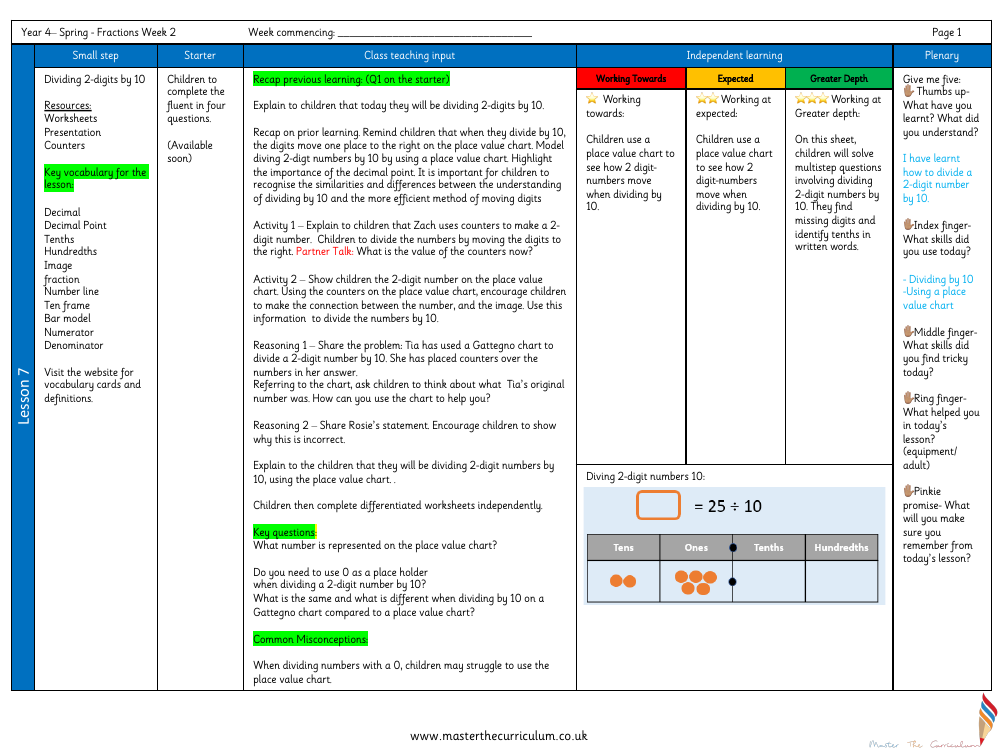 Decimals - Divide 2-Digit by 10 - Planning