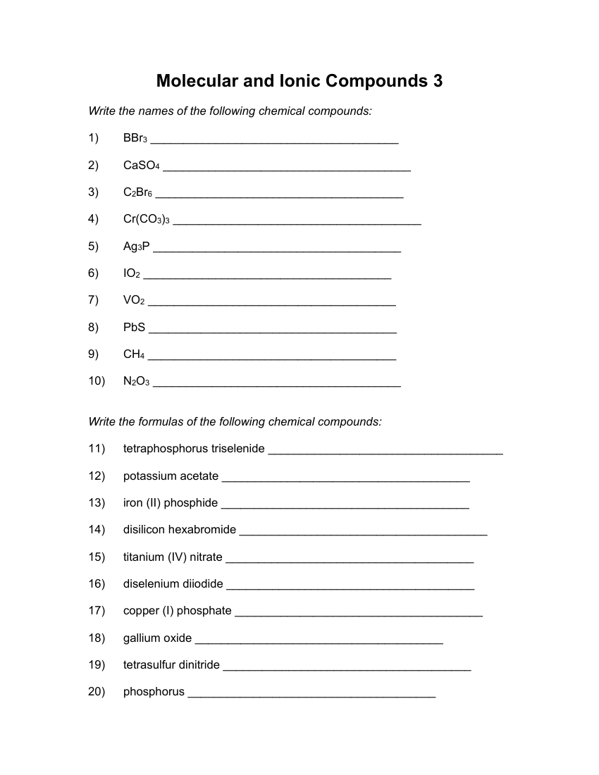 Molecular and Ionic Compounds - Worksheet with Answers 3