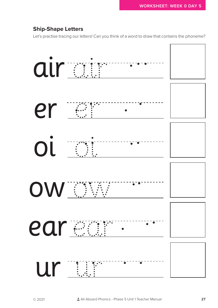 Week 0, lesson 5 Ship-Shape Letters - Phonics Phase 5, unit 1 - Worksheet