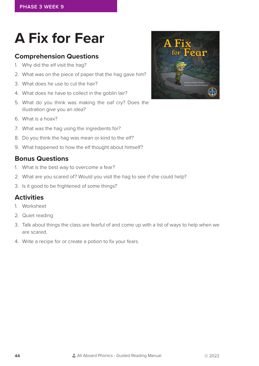 Week 9, Guided Reading "A Fix for Fear" - Phonics Phase 3 - Worksheet