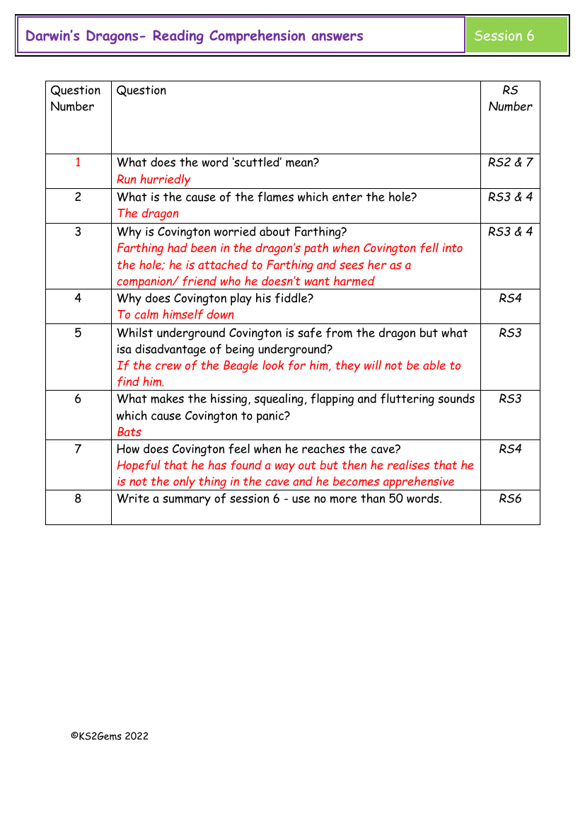 Darwin's Dragons - Session 6 - Reading Comprehension answers