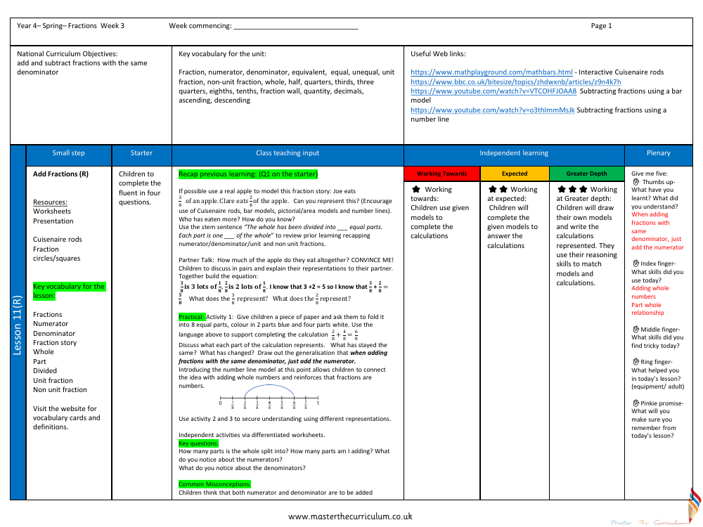 Fractions - Add Fractions- Planning