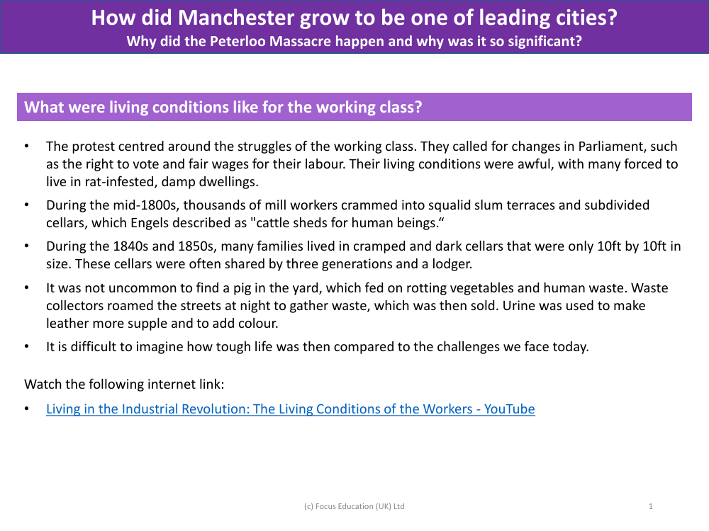 Manchester living conditions for the working class in the 19th Century - Info sheet