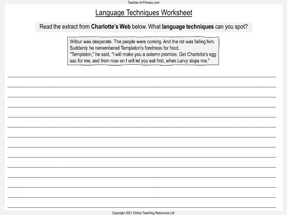 Charlotte's Web - Lesson 14: Last Day - Language Techniques Worksheet