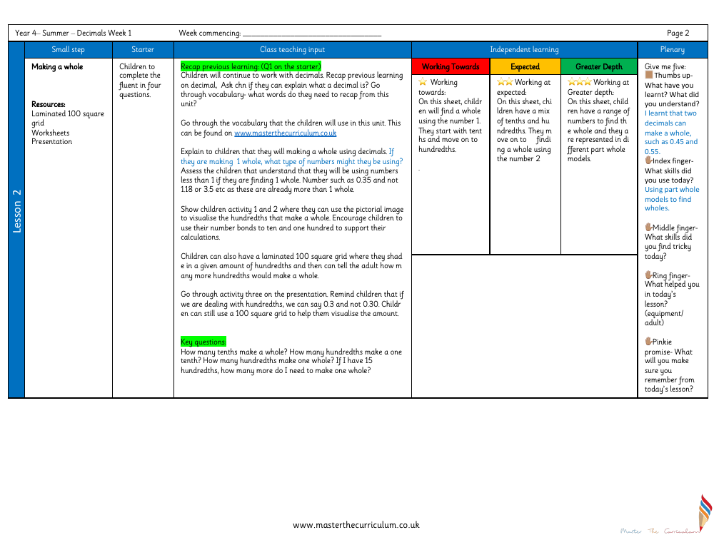 Decimals - Making a Whole - Planning