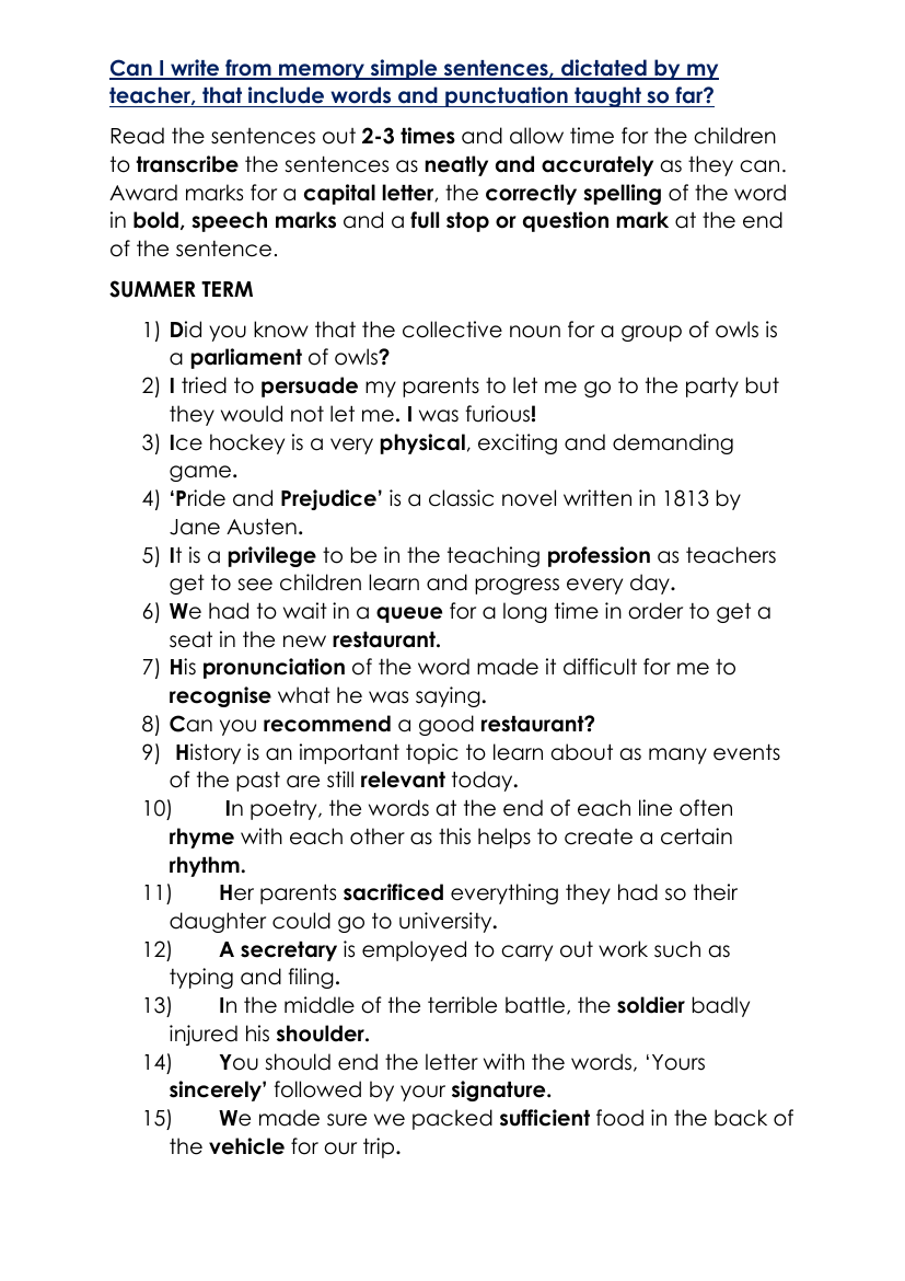 Spellings Dictation Year 5 and Year 6 - Summer Term Worksheet