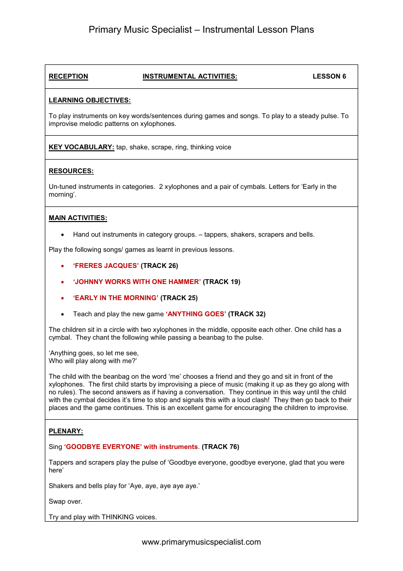 Instrumental Lesson Plan - Reception Lesson 6