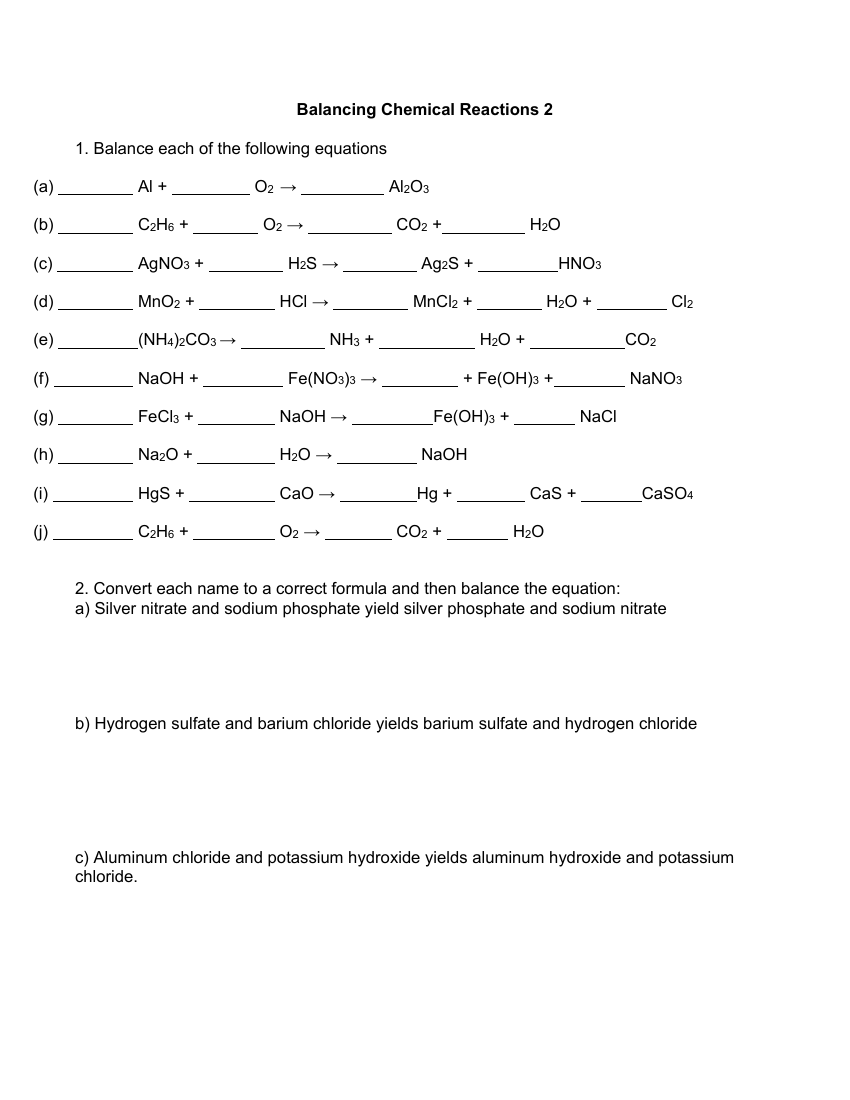 Balancing Chemical Equations -  Worksheet 2