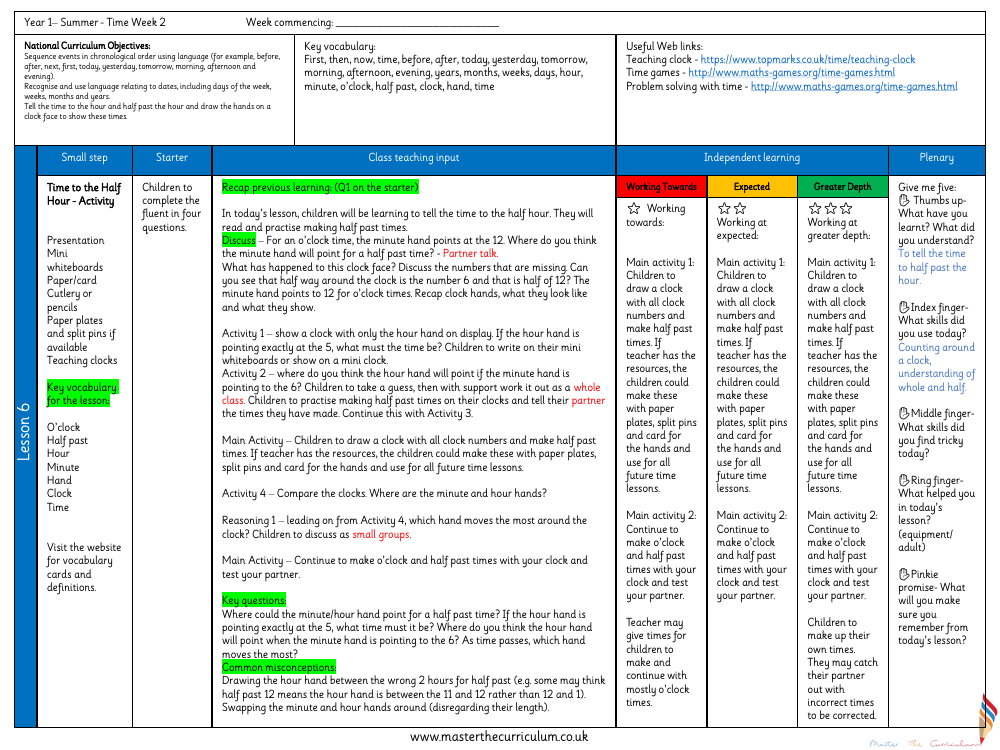 Time - Time to the half hour activity - Planning