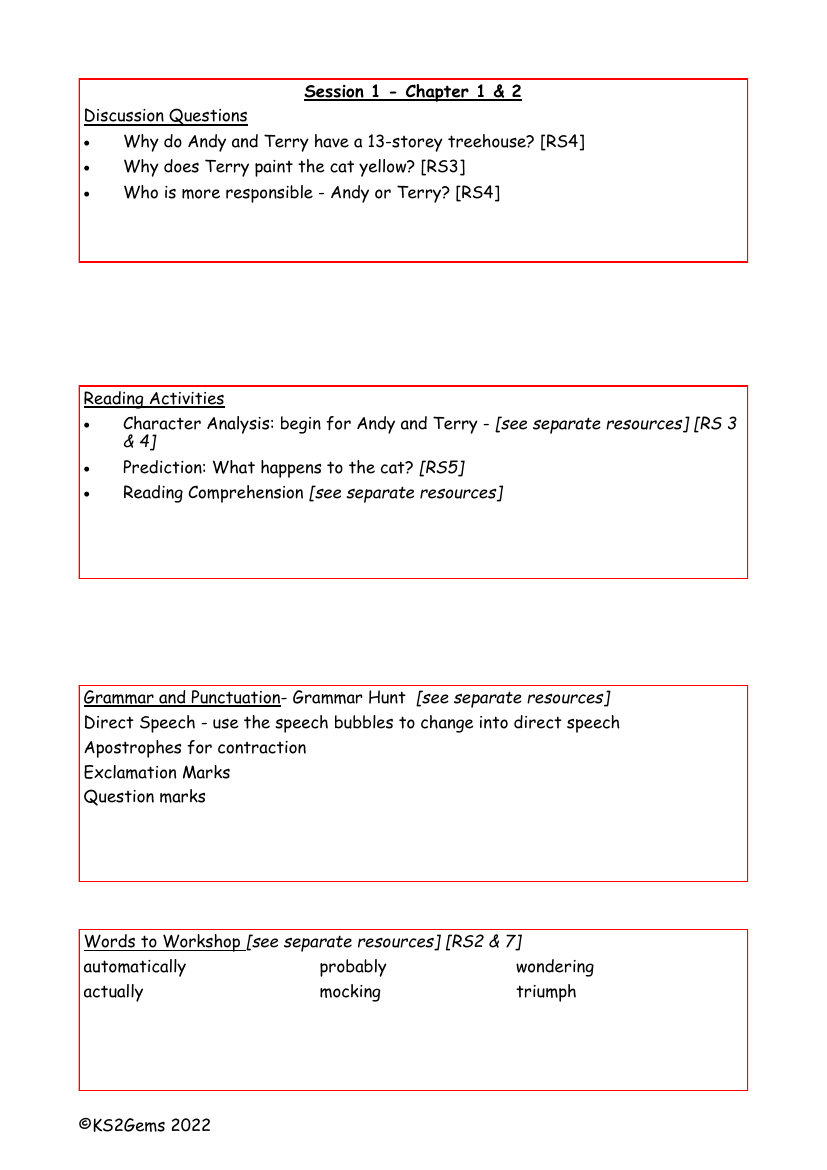 The 13-Storey Treehouse - Session 1 - Chapters 1 and 2 - Worksheet