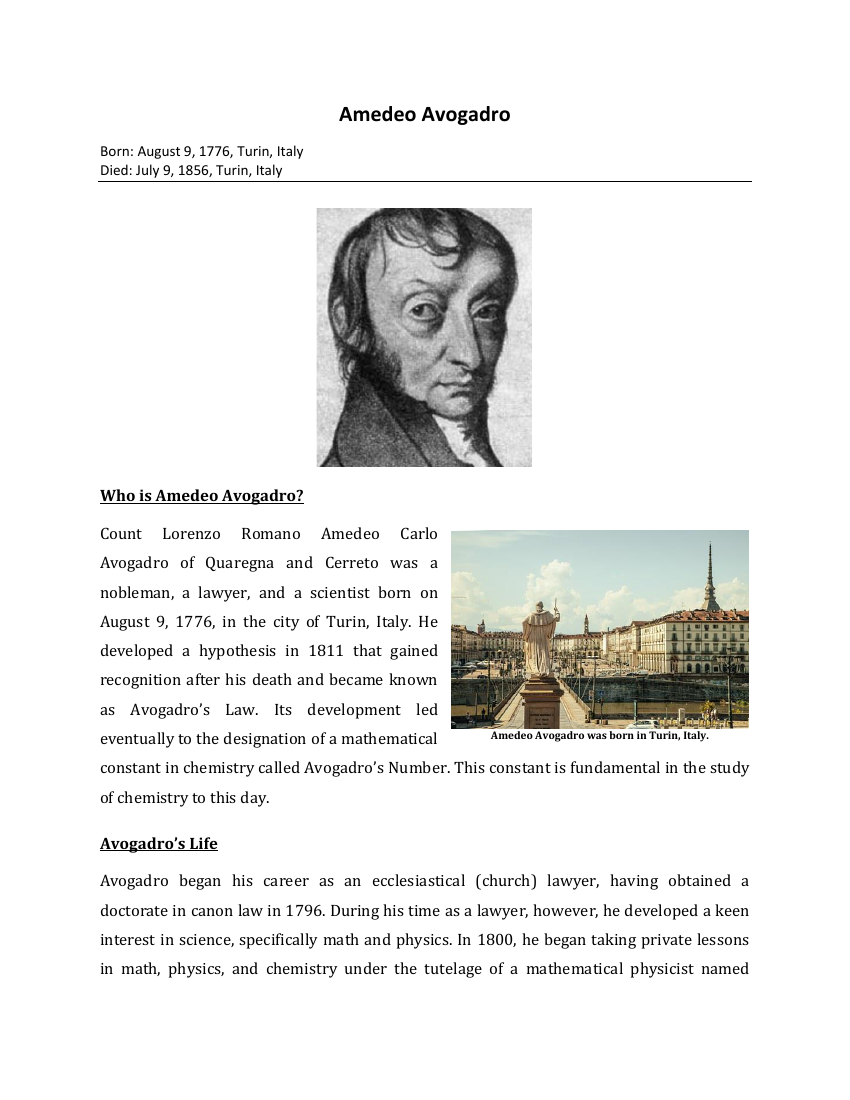 Amedeo Avogadro - Reading with Comprehension Questions