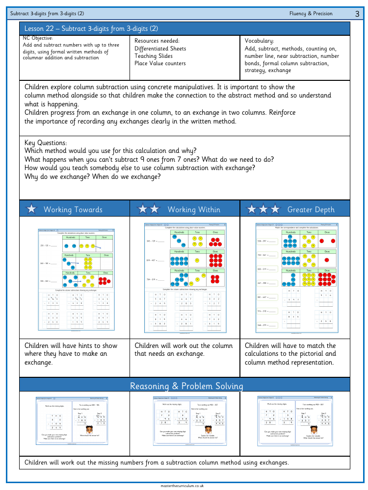 Addition and subtraction - Subtract a three-digit number from a three-digit number exchange - Worksheet