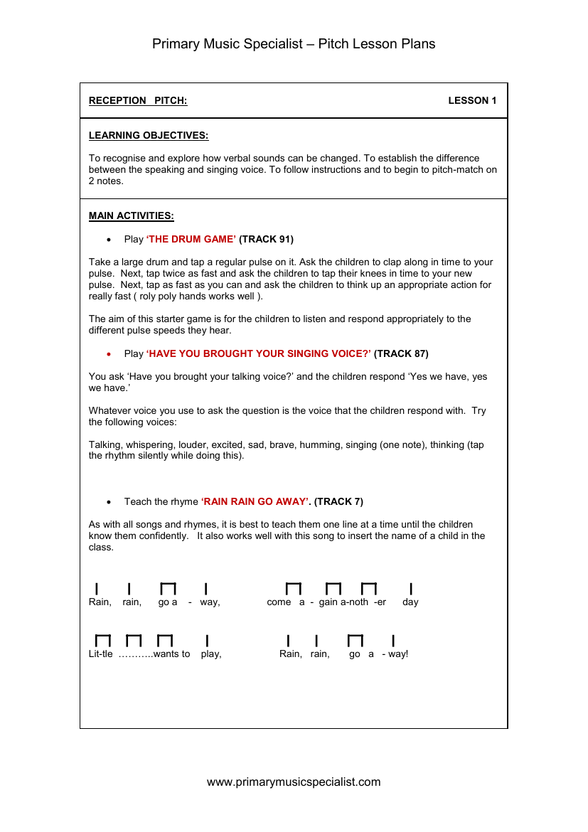 Pitch Lesson Plan - Reception Lesson 1