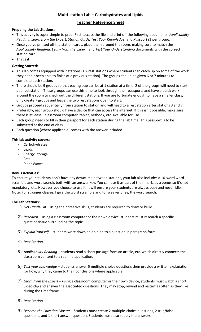 Carbohydrates and Lipids - Activity Instructions