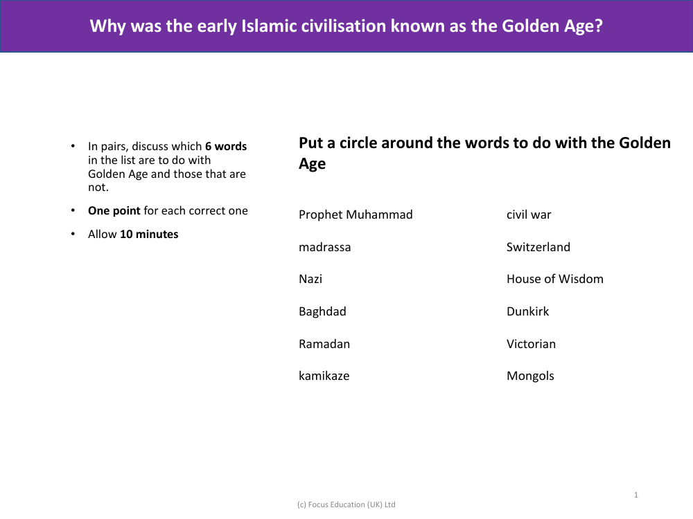 Put a circle around words to do with the Golden Age - Islamic Civilisation - Year 6