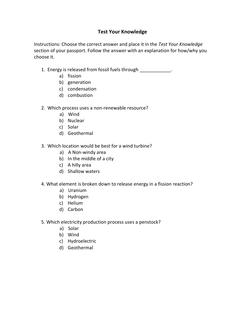 Electricity Production - Test your Knowledge