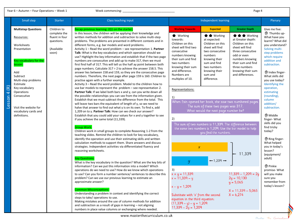 Addition, Subtraction, Multiplication and Division - Multi-step Questions - Planning