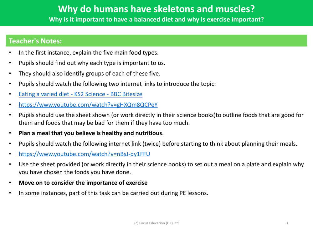 Why is it important to have a balanced diet and why is exercise important? - Teacher notes