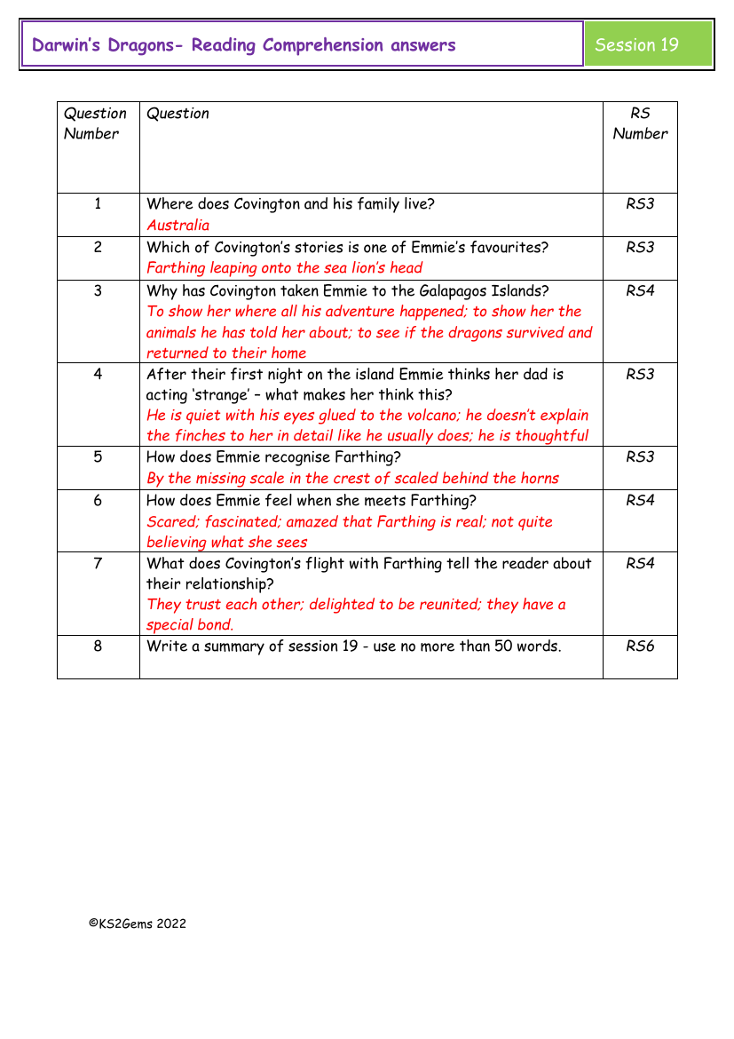 Darwin's Dragons - Session 19 - Reading Comprehension answers