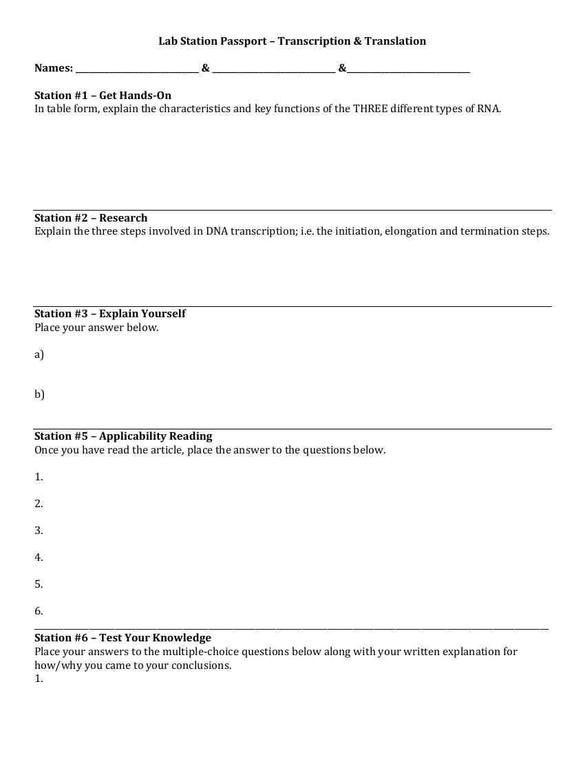 Transcription and Translation - Lab Station Passport