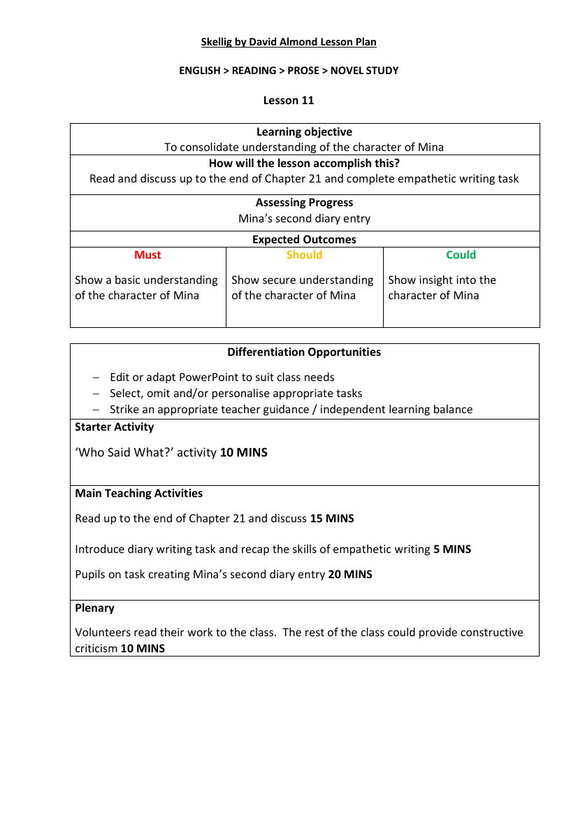 Skellig Lesson 11: Home vs School - Lesson Plan