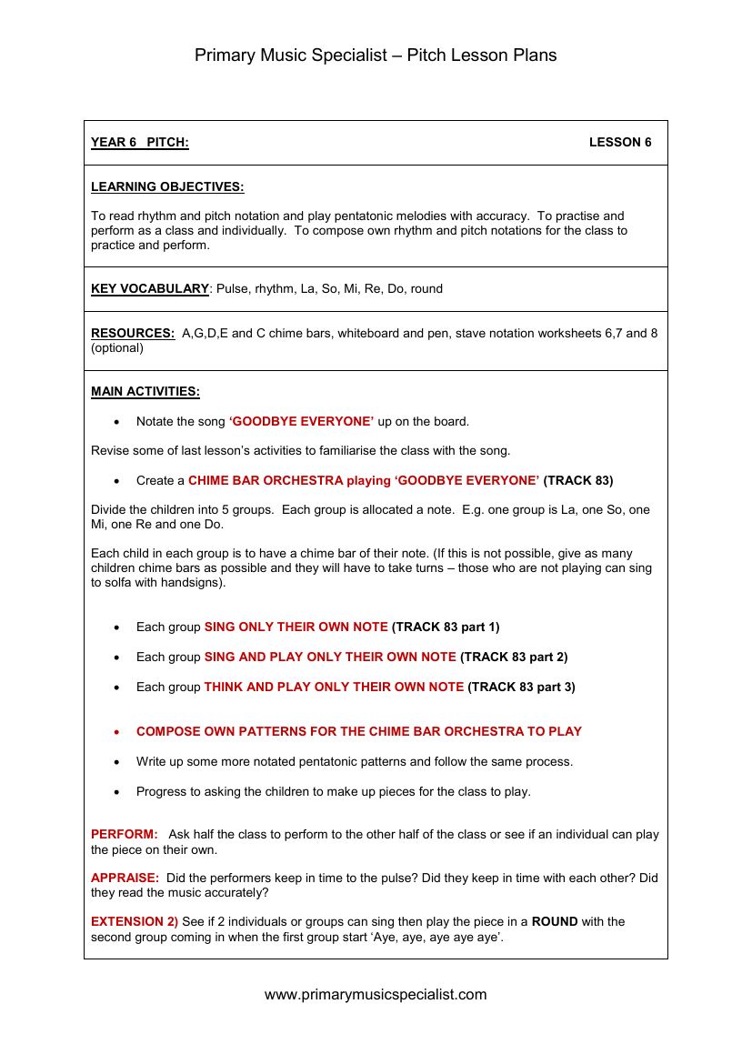 Pitch Lesson Plan - Year 6 Lesson 6