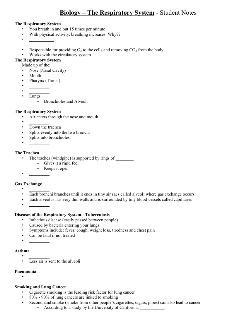 The Respiratory System - Middle School Student Lesson Outline