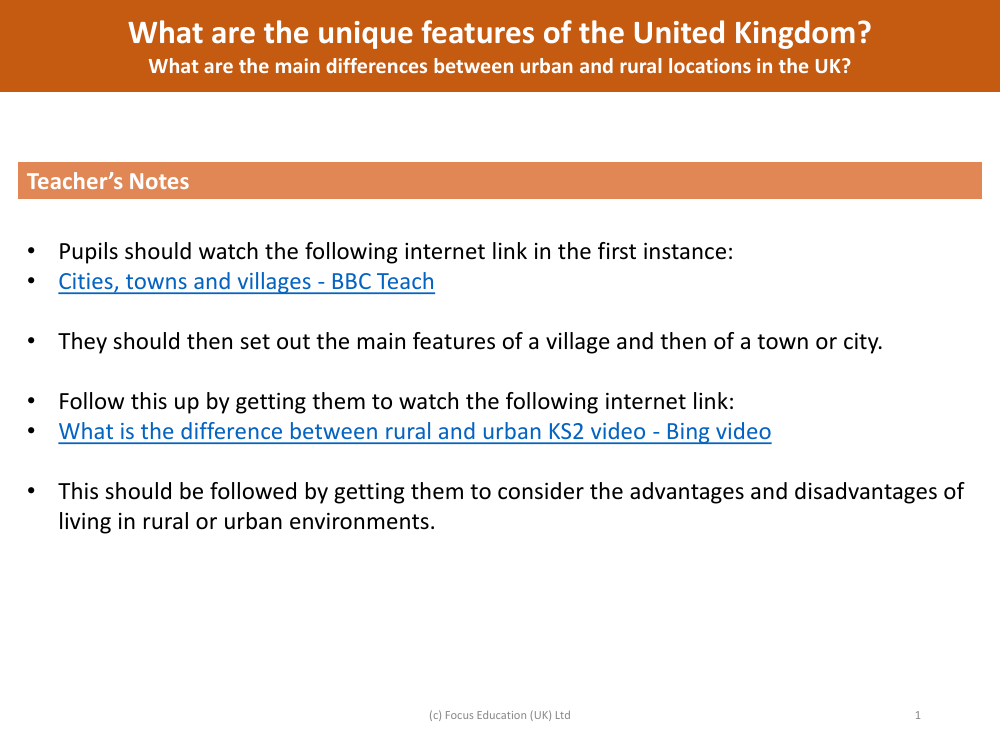 What are the main differences between urban and rural locations in the UK? - Teacher's notes