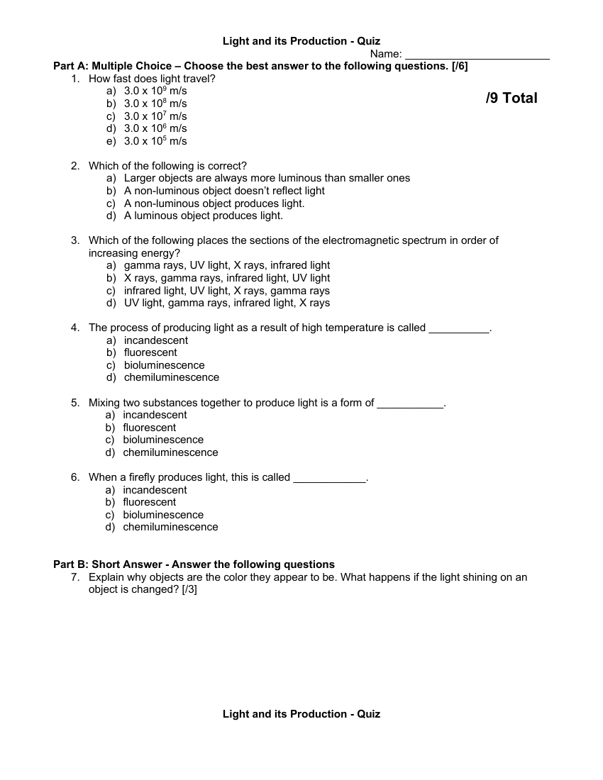 Light and its Production - Quiz