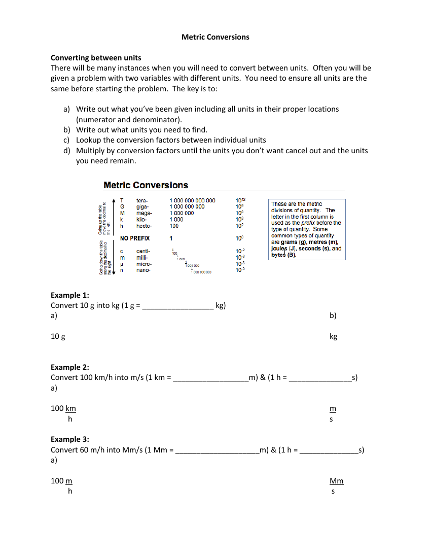 Metric Conversion Worksheet Instructions