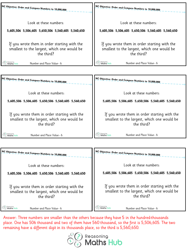 Order and Compare Numbers up to 10 Million 5 - Reasoning