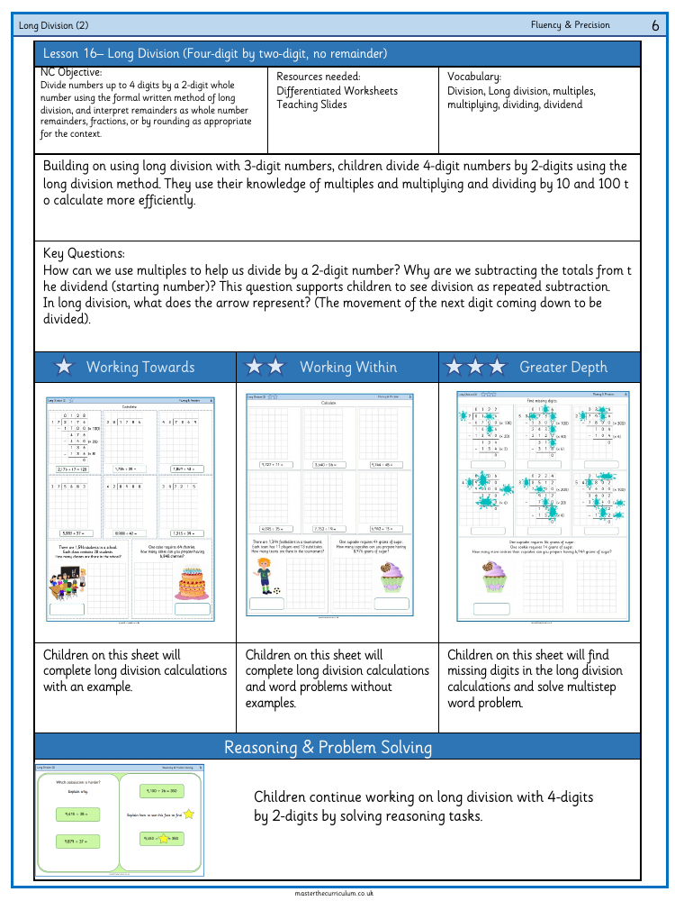 Addition, Subtraction, Multiplication and Division - Long division - 4-digits by 2-digits (no remainders) - Worksheet