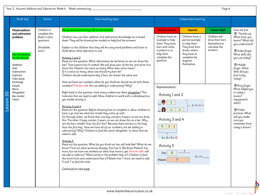 Addition and subtraction - Mixed addition and subtraction - Planning