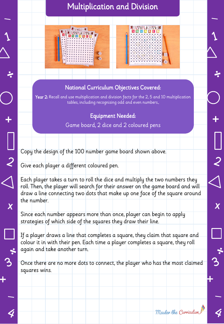 Multiplication with game board - Practical Maths Activity