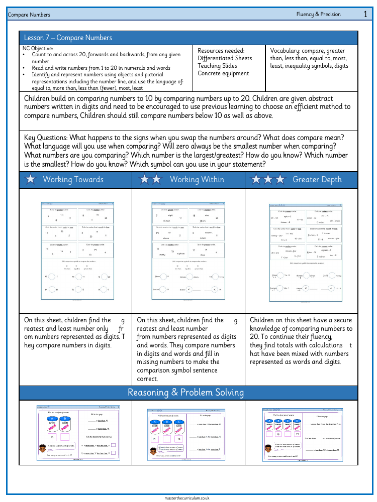 Place Value within 20 - Compare numbers - Worksheet