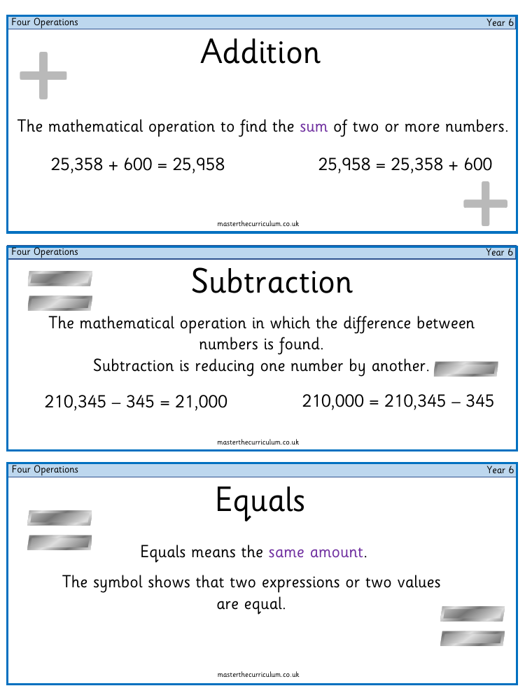 Addition, Subtraction, Multiplication and Division - Vocabulary
