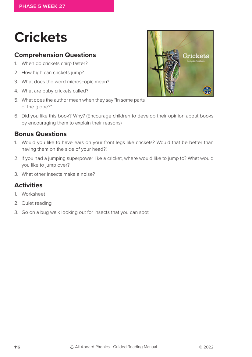 Week 27, Guided Reading "Crickets" - Phonics Phase 5 - Worksheet