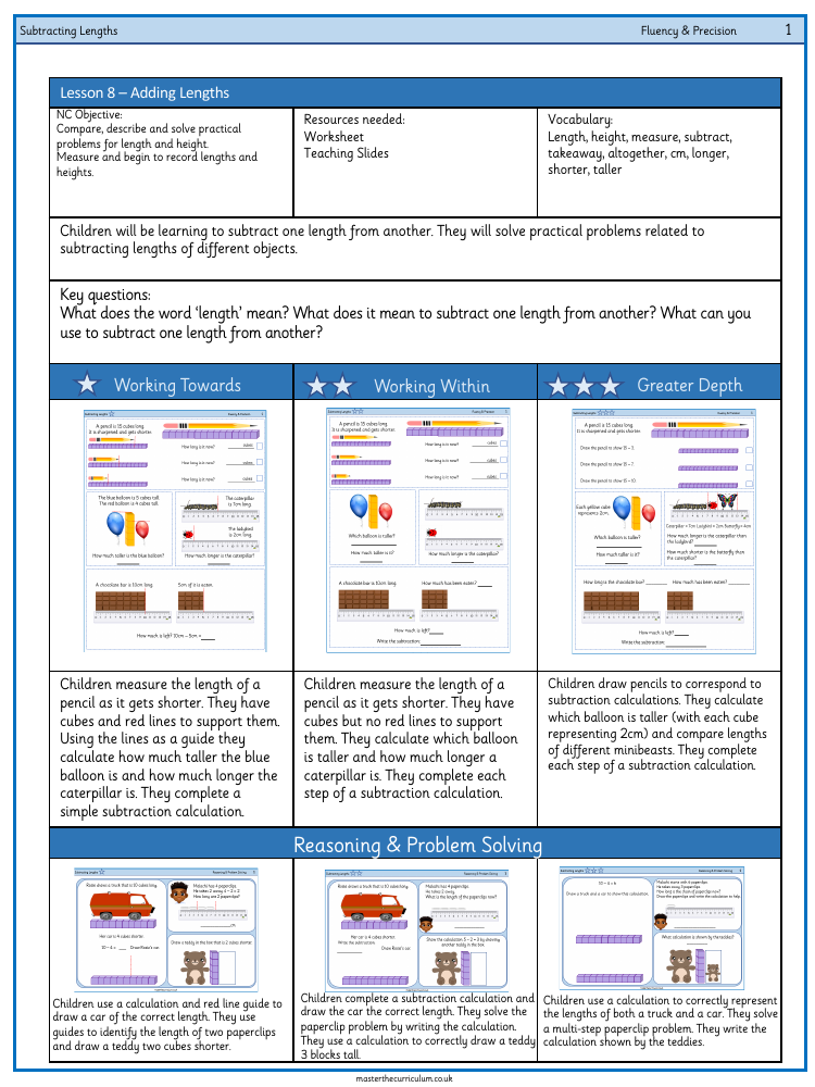 Length and height - Subtracting lengths - Worksheet