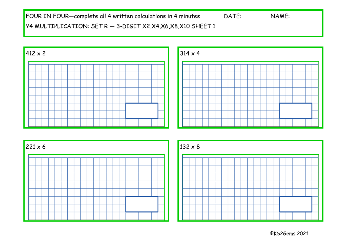 Four in Four -  Multiplication Set R 3 digit number x2,x4,x6,x8,x10