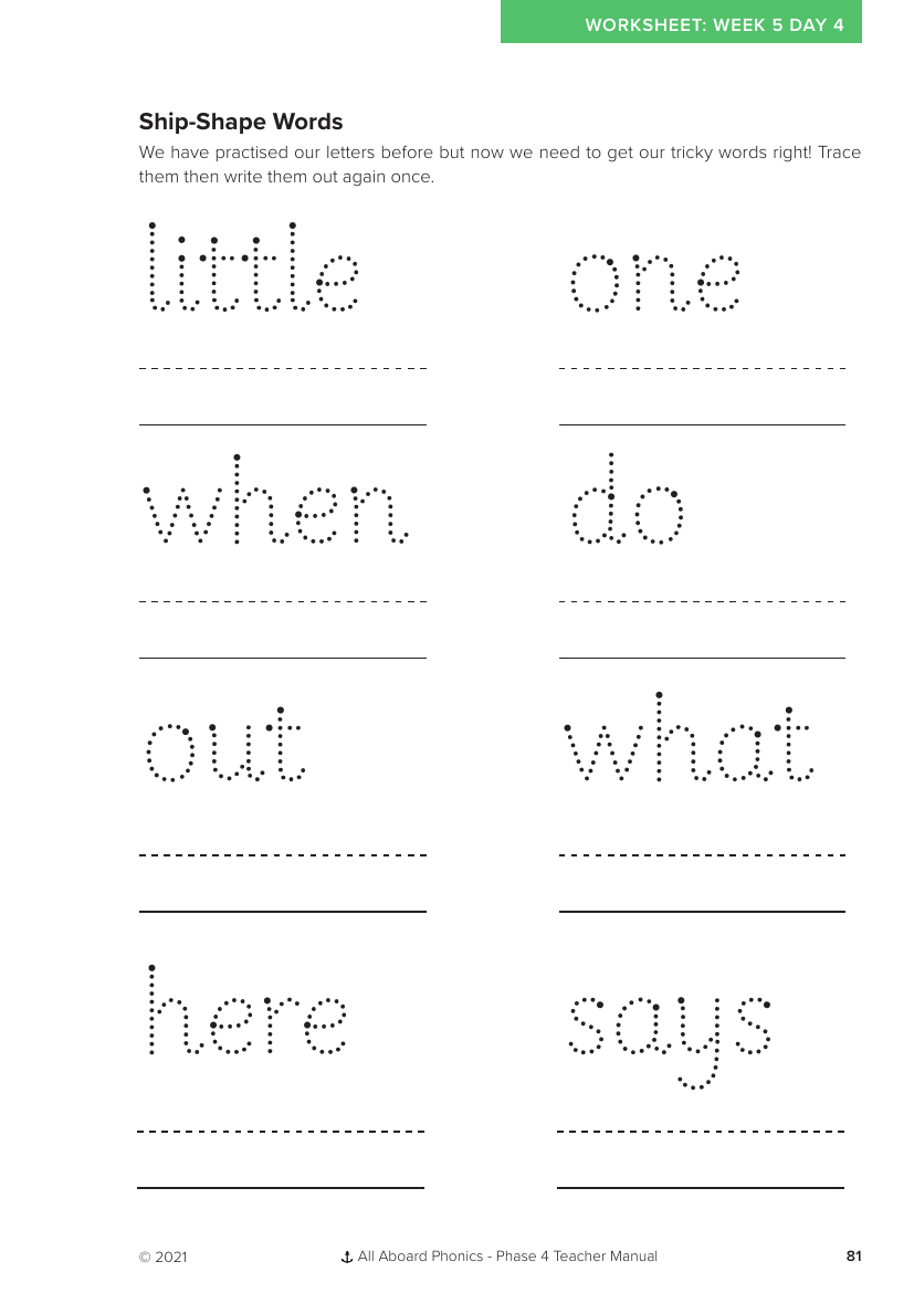 Week 5, lesson 4 Ship-Shape Words letter formation activity - Phonics Phase 4 - Worksheet