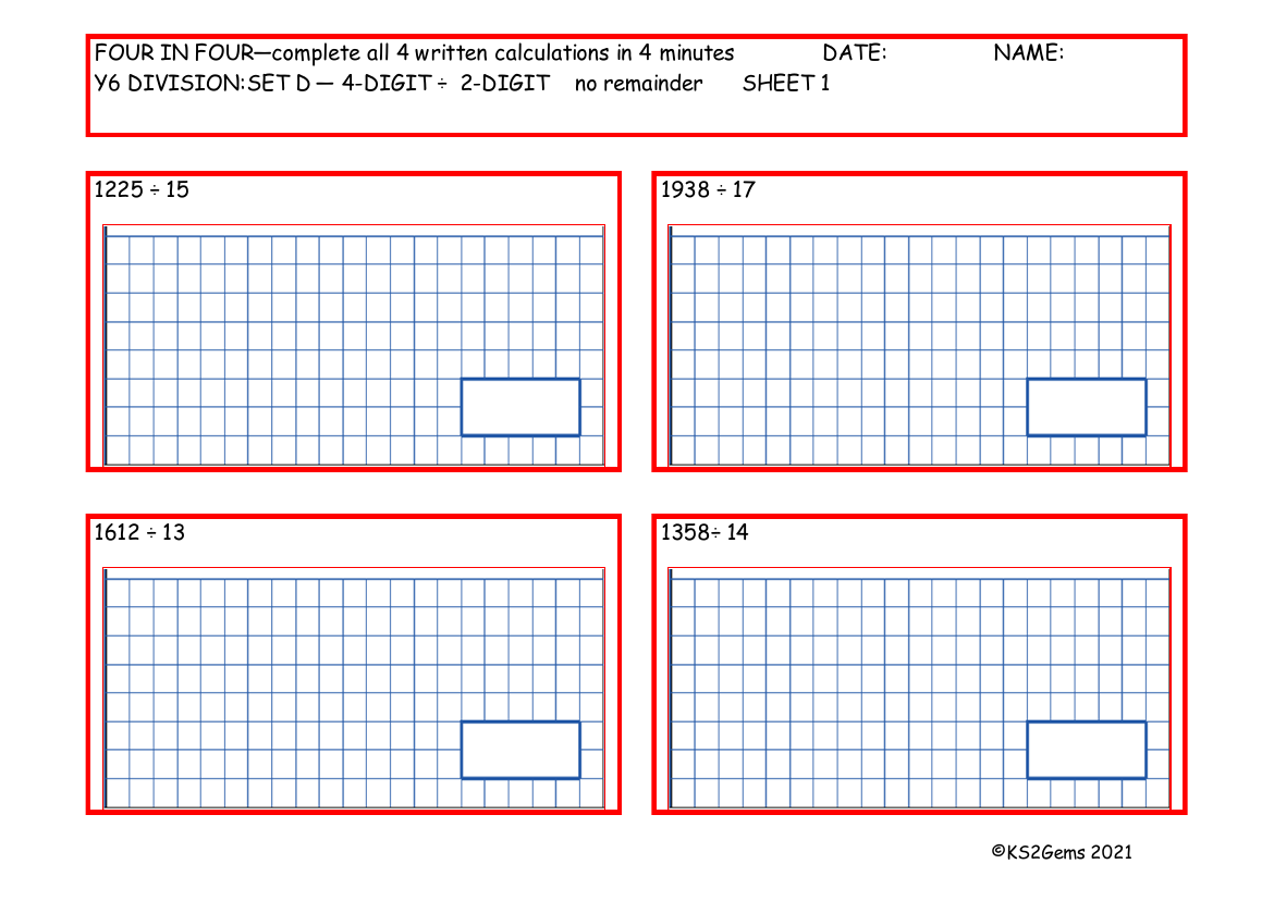 Four in Four - Division Set D 4 digit number - 2 digit number no remainder