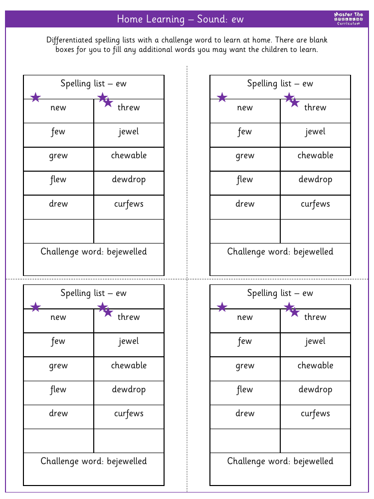 Spelling - Home learning - Sound ew