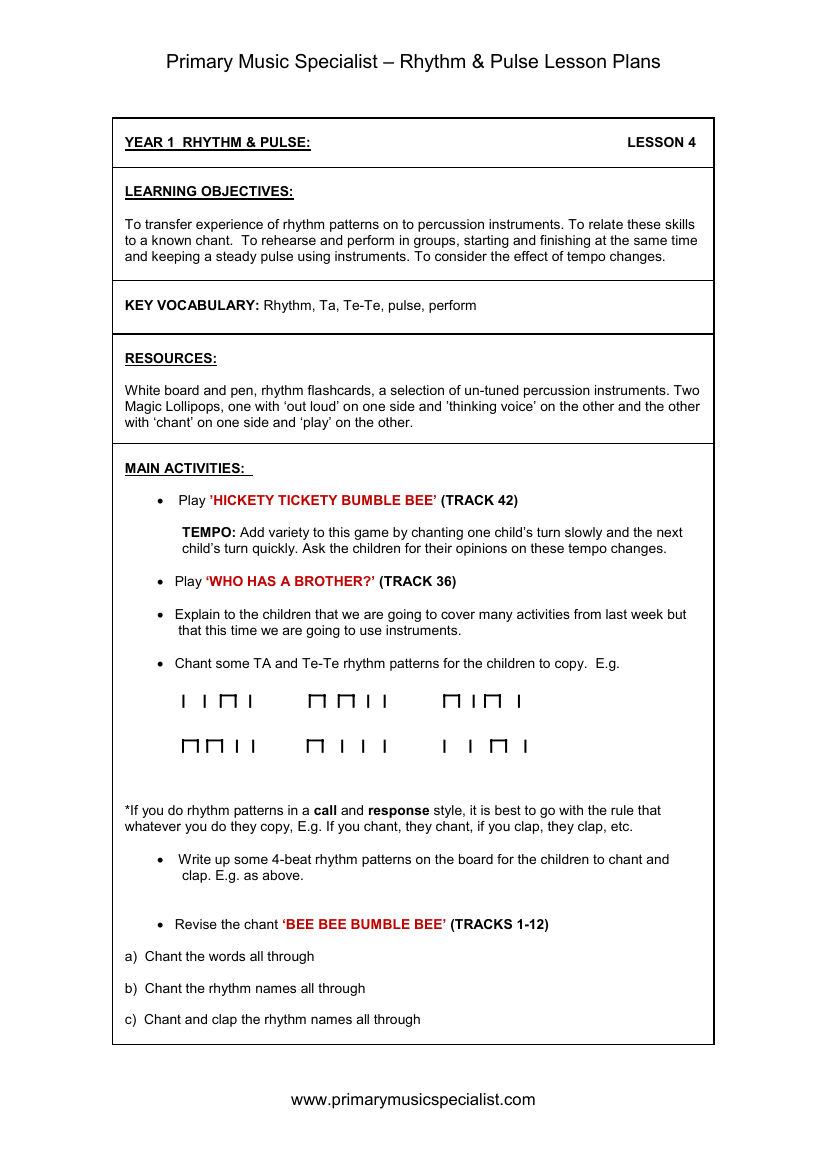 Rhythm and Pulse Lesson Plan - Year 1 Lesson 4