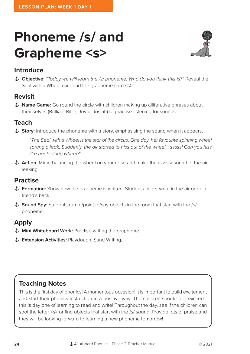 Week 1, lesson 1 Phoneme "s" Grapheme "s" - Phonics Phase 2 - Lesson plan