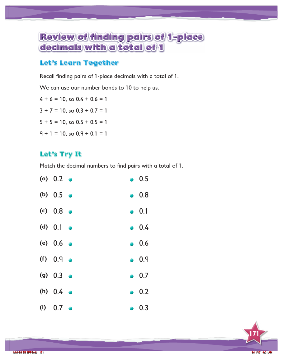 Max Maths, Year 5, Learn together, Review of finding pairs of 1-place decimals with a total of 1